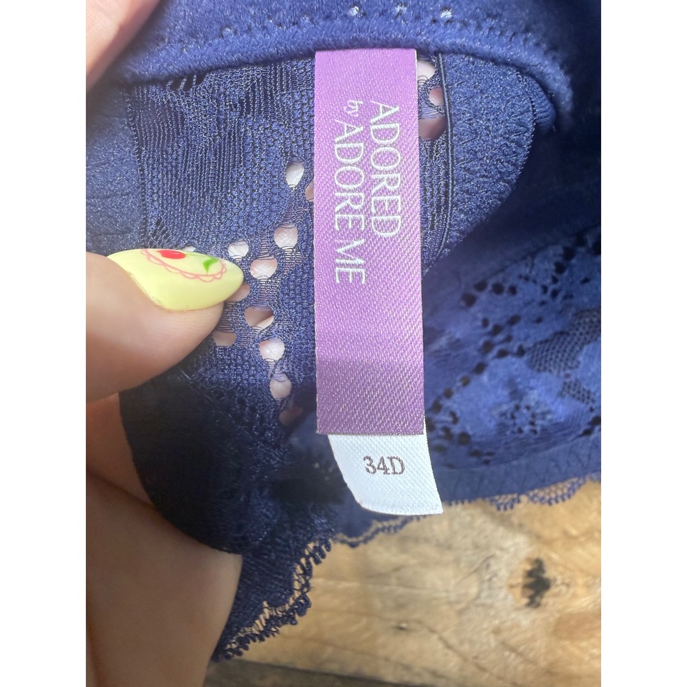 Adored by Adore Me Navy Blue Lace Longline Underwire Bra 34D Floral Mesh Back - Picture 5 of 6